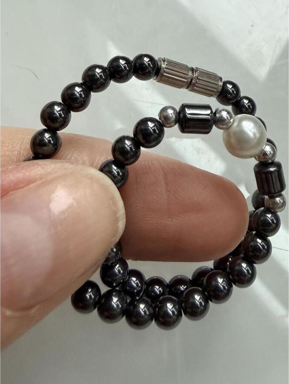 Hematite Faux Pearl Bracelet Magnetic Barrel Clasp